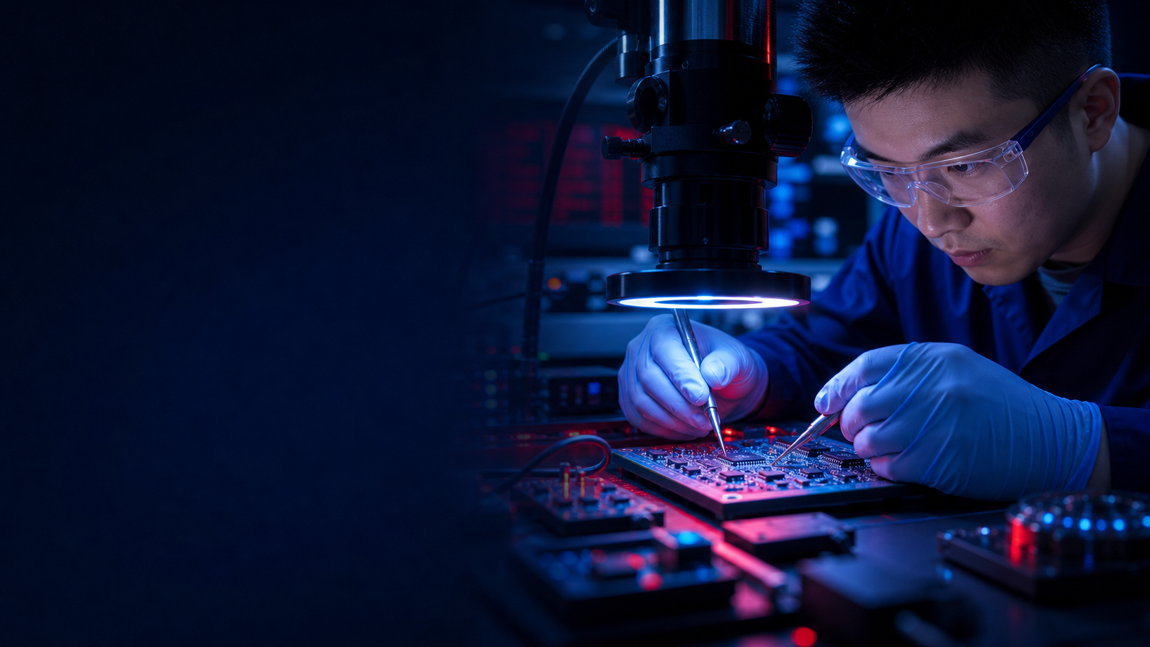 Engineer inspecting an optocoupler circuit board
